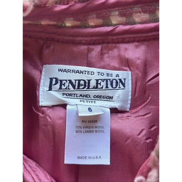 Pendleton Tweed virgin wool Blazer cropped pink gray cream fringe size 6P Made i - Picture 3 of 10
